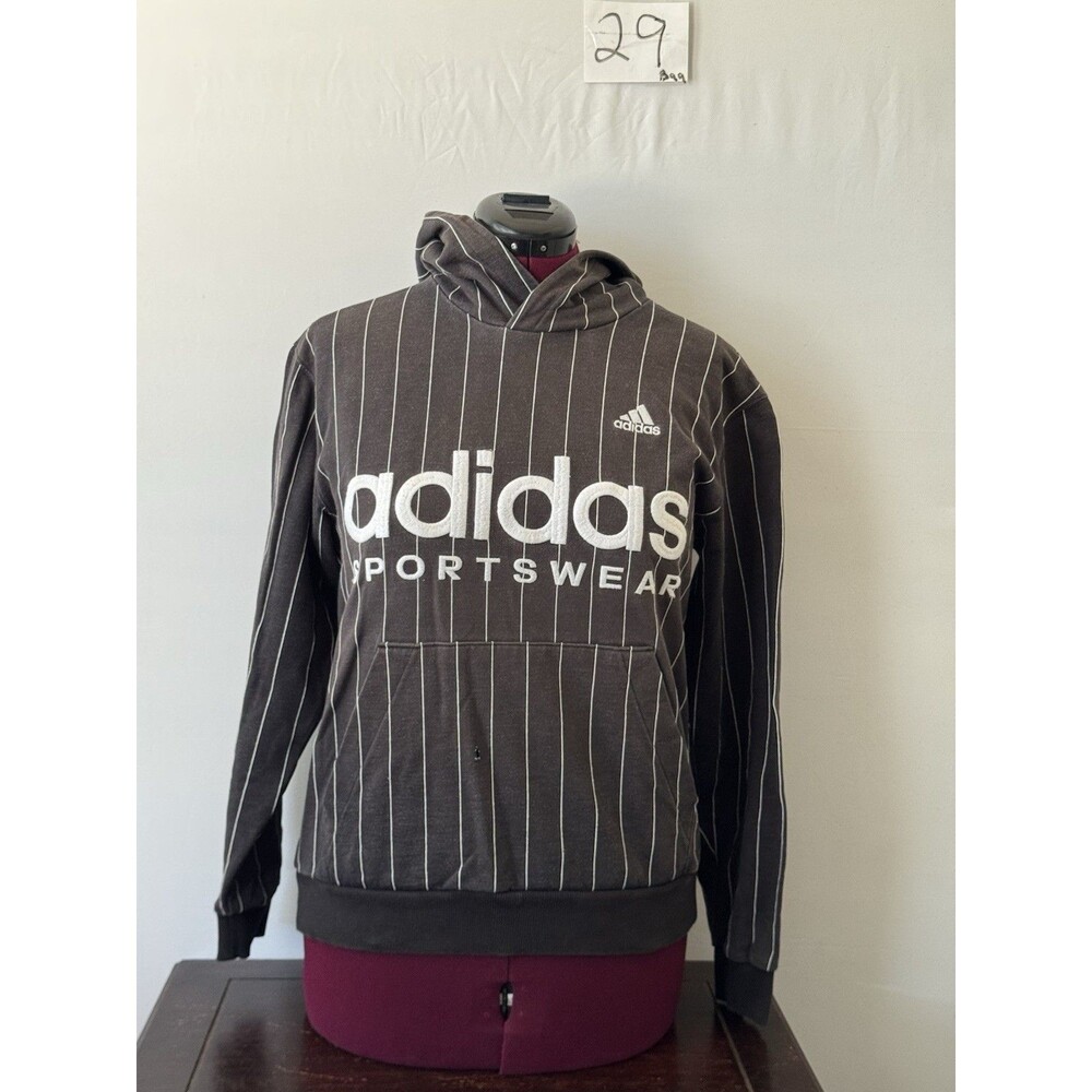 Adidas Sportswear Pinstripe Pullover Hoodie Gray Embroidered Logo Men’s S M